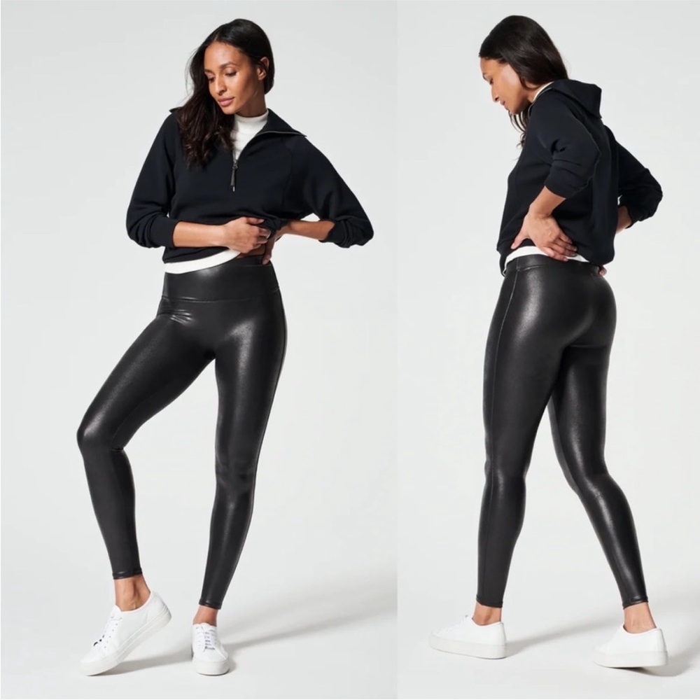 NWT $168 SPANX Faux Leather Black Leggings, sz Medium, flatter fit 27” inseam